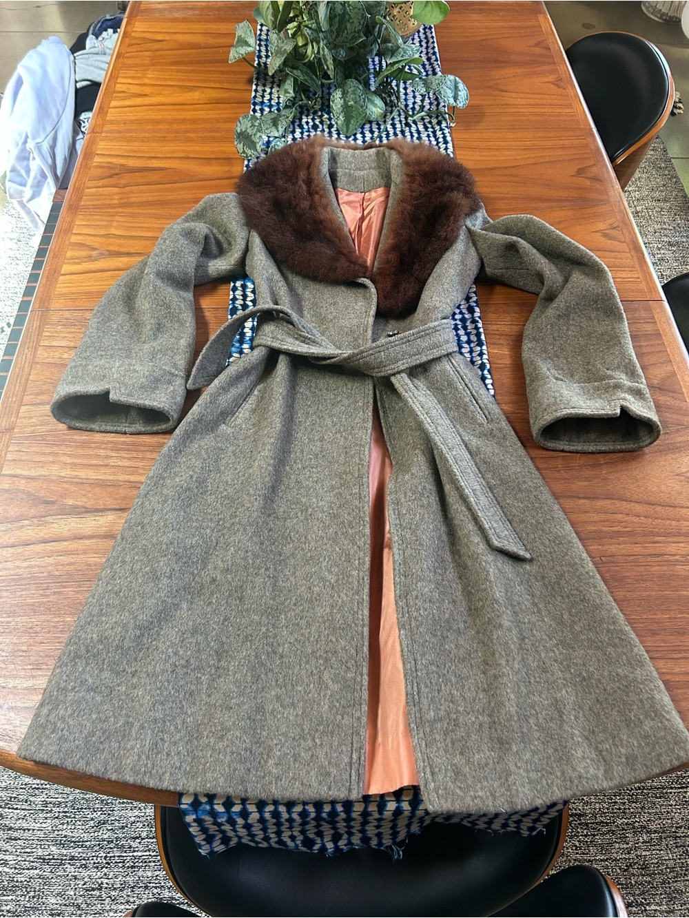 Vintage Grey Wool-Blend Long Belted Coat with Fox Fur Collar
